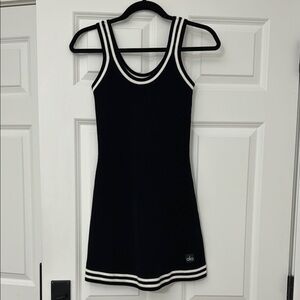 alo black dress white outline ALO Softsculpt Halter Tennis Dress in Black/White, Size: Small